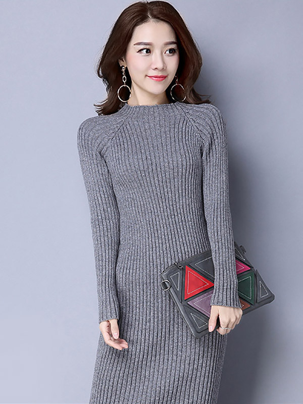 Grey Stand Collar Ribbed Knitted Midi Dress