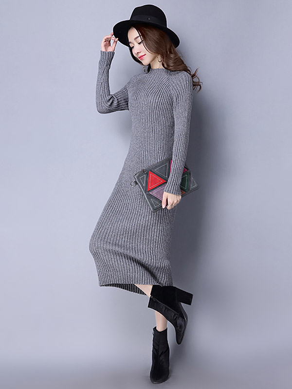 Grey Stand Collar Ribbed Knitted Midi Dress