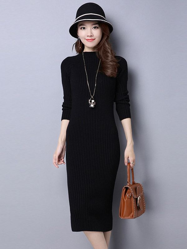 Black Stand Collar Ribbed Knitted Midi Dress