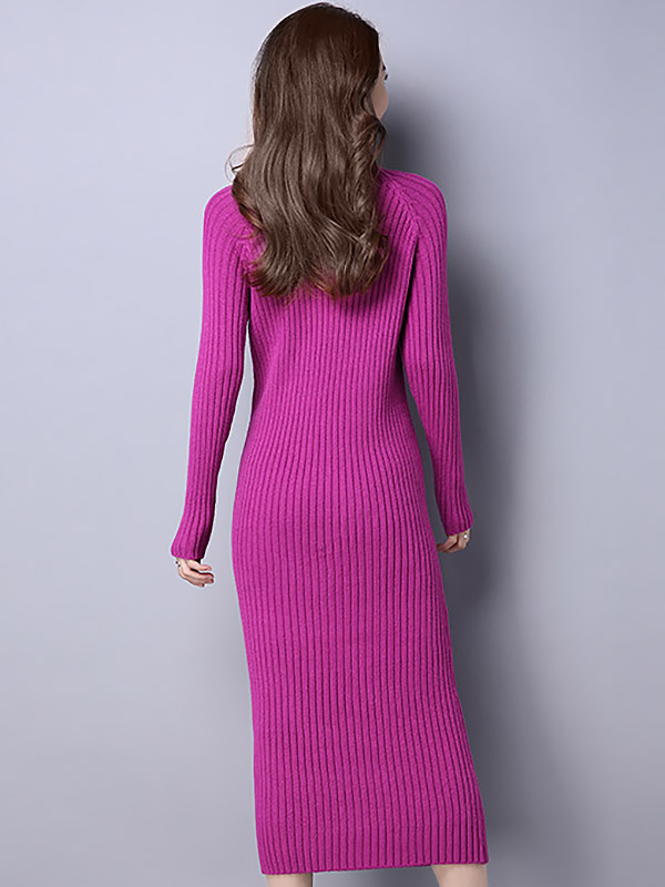 Fuchsia Stand Collar Ribbed Knitted Midi Dress