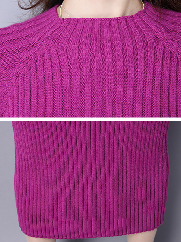 Fuchsia Stand Collar Ribbed Knitted Midi Dress