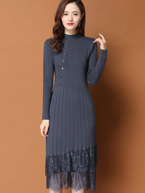 Grey Stand Collar Knit Midi Dress with Lace Hem 