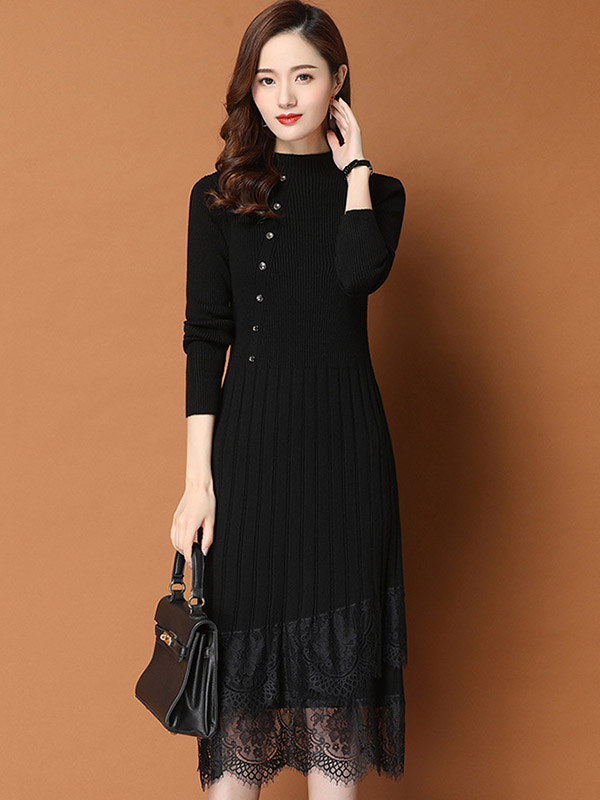 Black Stand Collar Knit Midi Dress with Lace Hem 