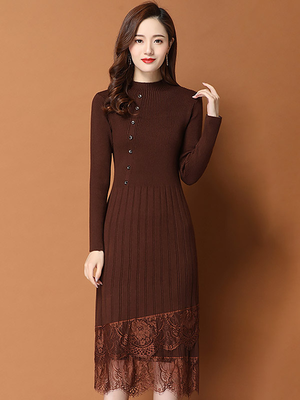 Brown Stand Collar Knit Midi Dress with Lace Hem 