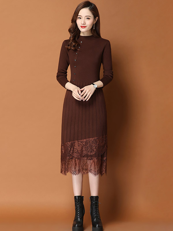 Brown Stand Collar Knit Midi Dress with Lace Hem 