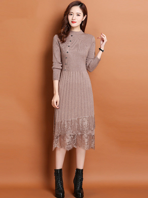 Khaki Stand Collar Knit Midi Dress with Lace Hem 