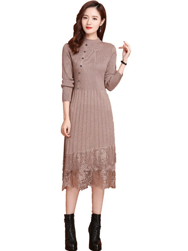 Khaki Stand Collar Knit Midi Dress with Lace Hem 