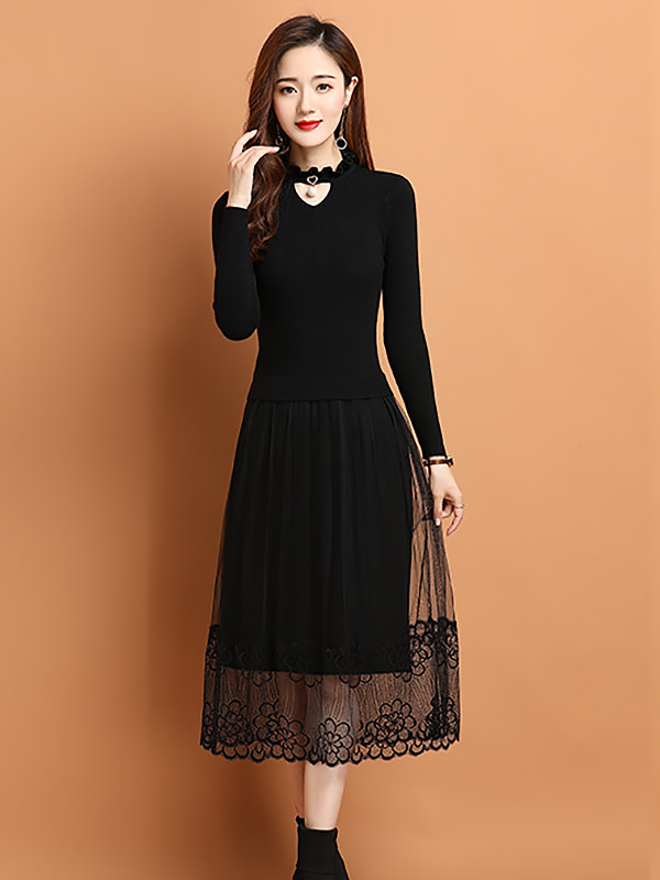 Black Cutout Collar Knit Dress with Guaze Detail