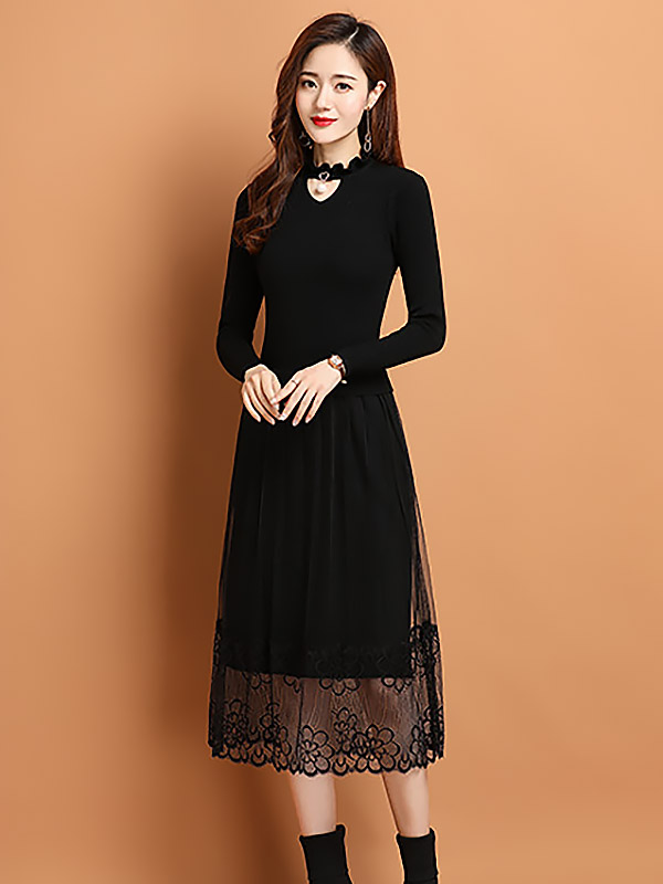 Black Cutout Collar Knit Dress with Guaze Detail