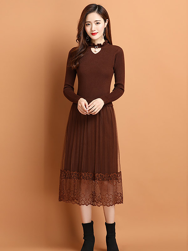 Brown Cutout Collar Knit Dress with Guaze Detail