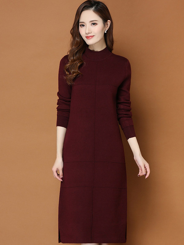 Burgundy Round Neck Shift Split Knit Dress