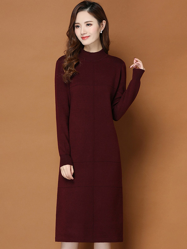 Burgundy Round Neck Shift Split Knit Dress