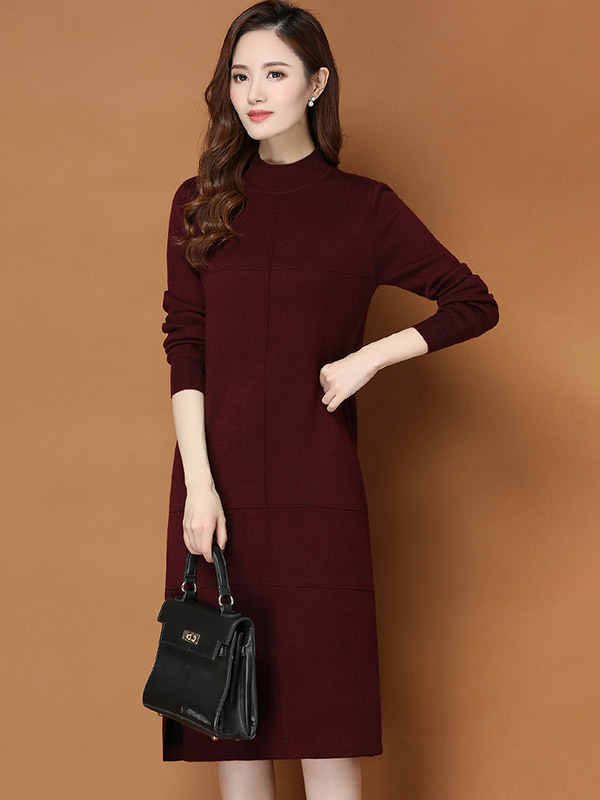 Burgundy Round Neck Shift Split Knit Dress