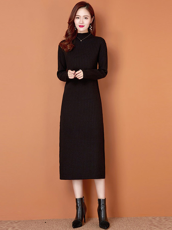 Black Stand Collar Ribbed Knit Maxi Dress