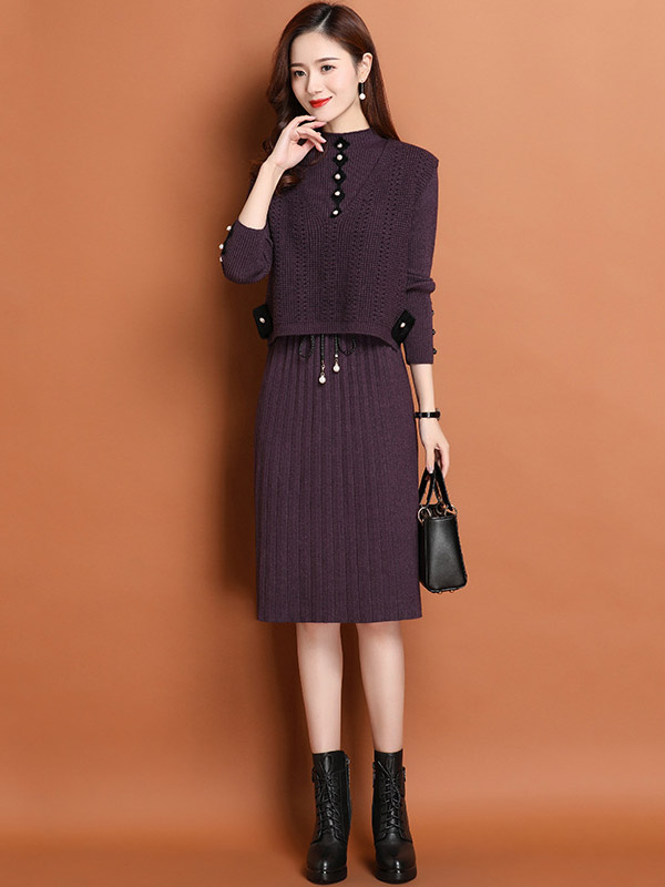 Purple A-line Knit Dress with Vest Top