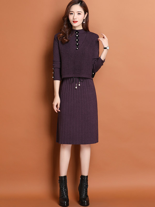 Purple A-line Knit Dress with Vest Top