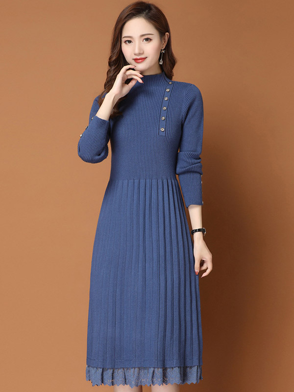 Blue Stand Collar Ribbed Knit Dress with Lace Detail