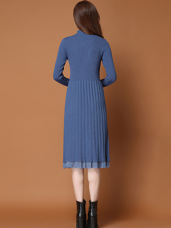 Blue Stand Collar Ribbed Knit Dress with Lace Detail