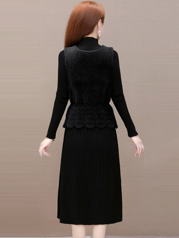 Black A-line Knit Dress with Vest Top