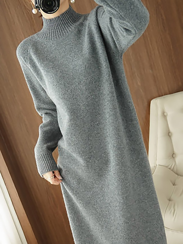 Grey Stand Collar Shift Wool Dress