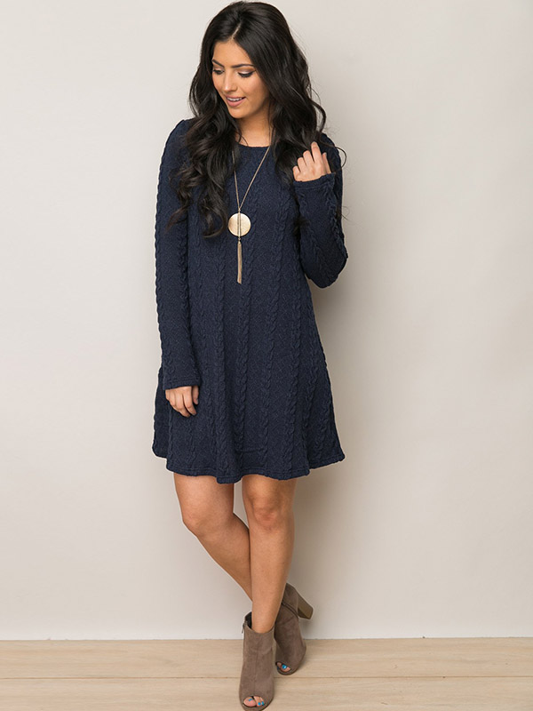 Navy Blue Cable Knit Pattern Dress