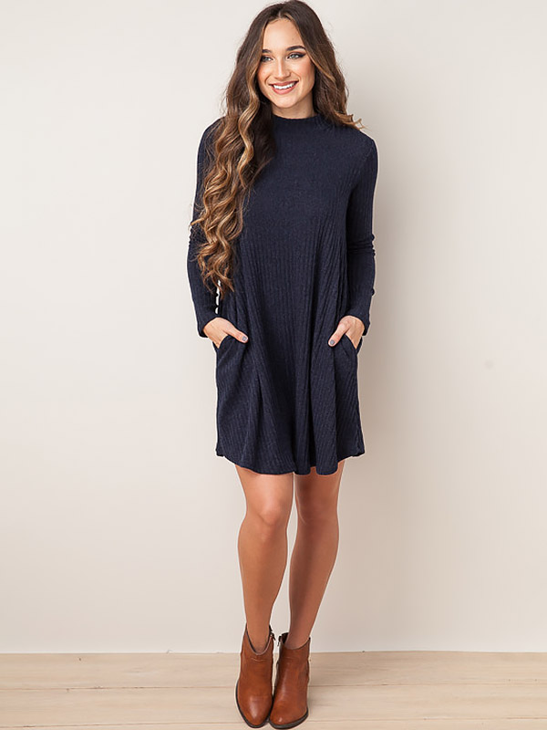 Navy Blue Stand Collar Ribbed Shift Dress