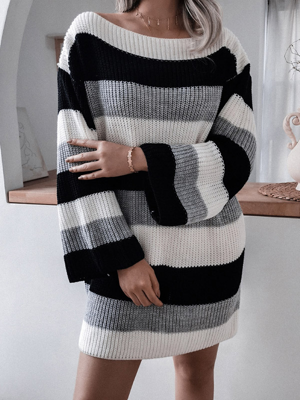 Black Color Block Boat Neck Striped Knit Dress