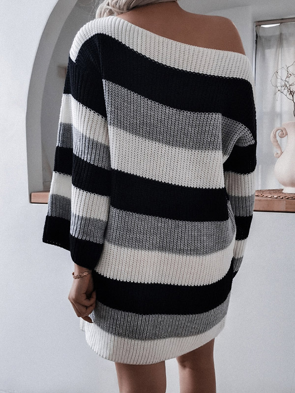 Black Color Block Boat Neck Striped Knit Dress