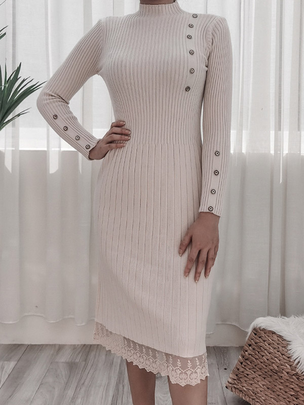 Apricot Stand Collar Ribbed Knit Dress 