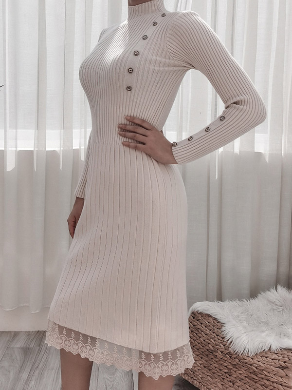 Apricot Stand Collar Ribbed Knit Dress 