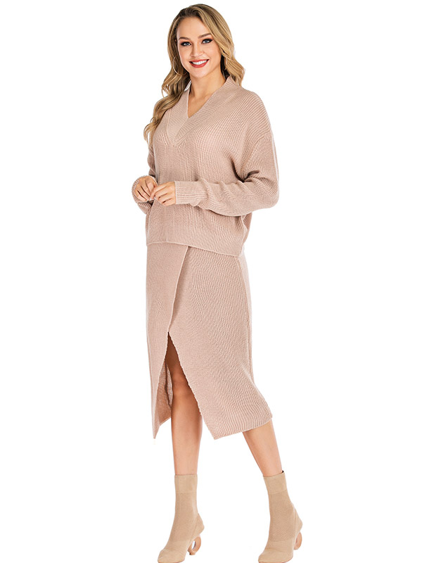 Khaki V Neck Sweater & Midi Dress 2 Piece Set