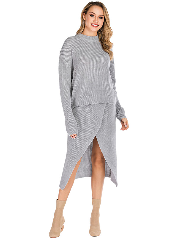 Grey Round Neck Sweater & Midi Dress 2 Piece Set