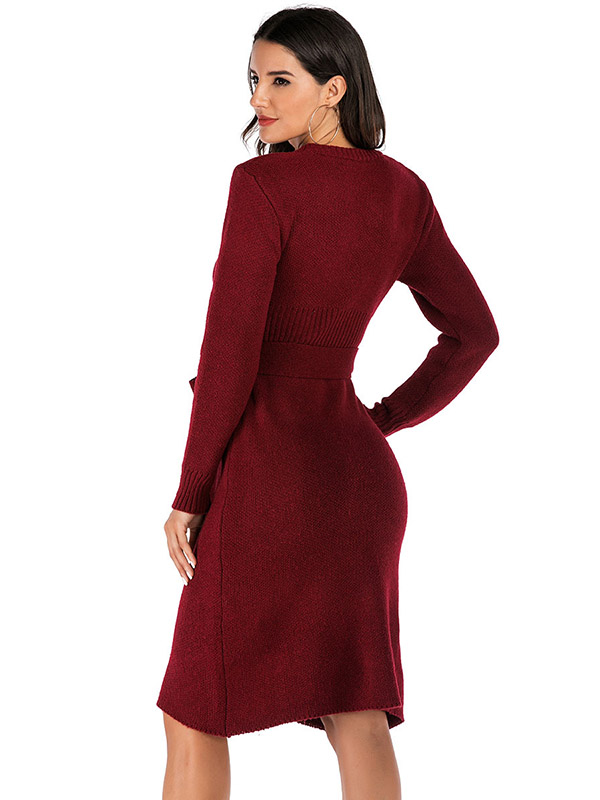 Burgundy Round Neck Tie Waist Midi Dress