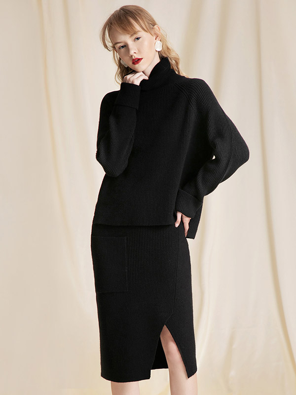 Black Roll Neck Knit Top with Split Skirt 2 Piece Sets