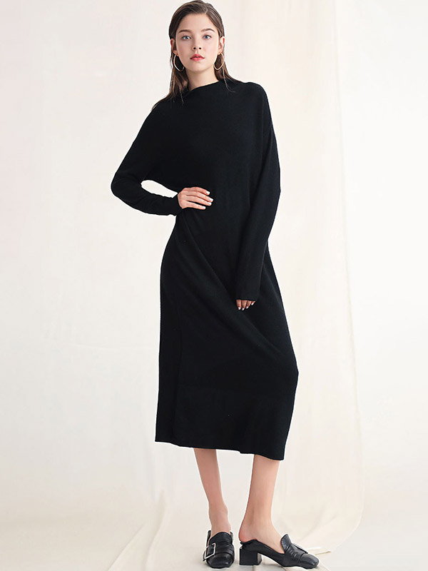 Black Roll Neck Shift Knitted Dress