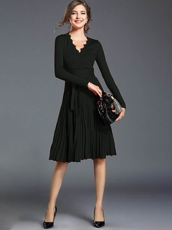 Black V Neck Tie Waist Wrap Dress