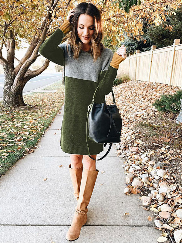 Green Color Block Striped Knitted Dress