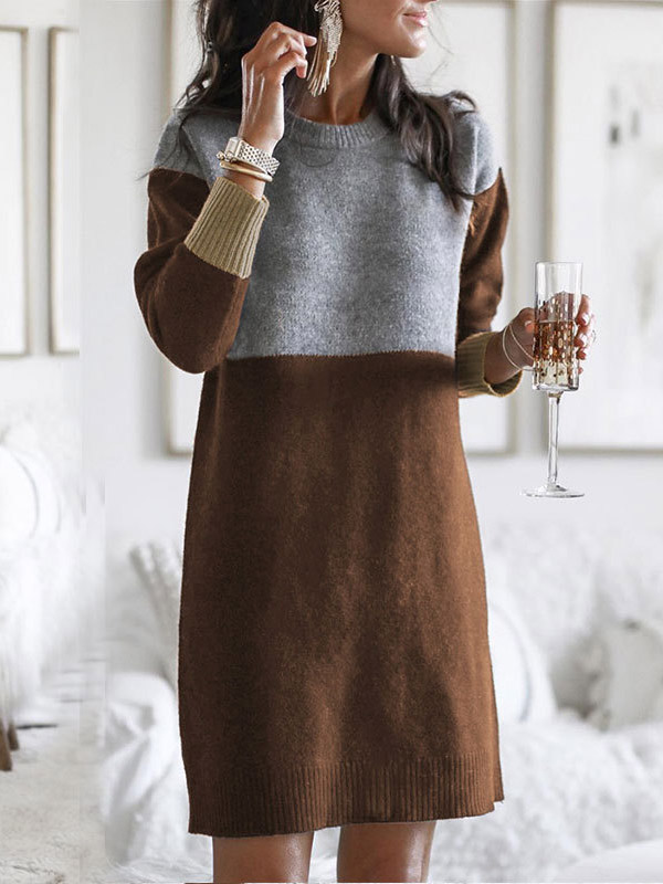 Brown Color Block Striped Knitted Dress