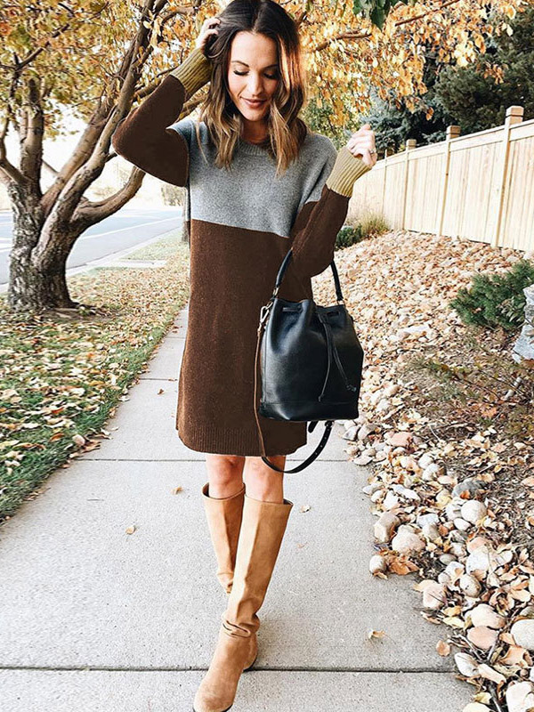 Brown Color Block Striped Knitted Dress