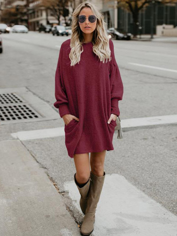 Burgundy Round Neck Shift Knitted Dress