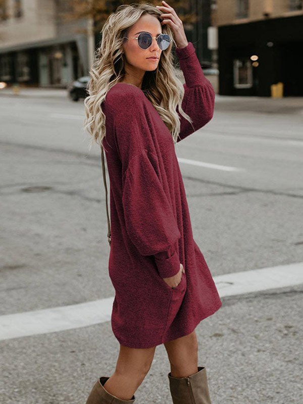 Burgundy Round Neck Shift Knitted Dress