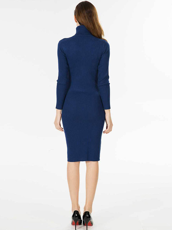 Navy Blue High Neck Bodycon Knitted Dress