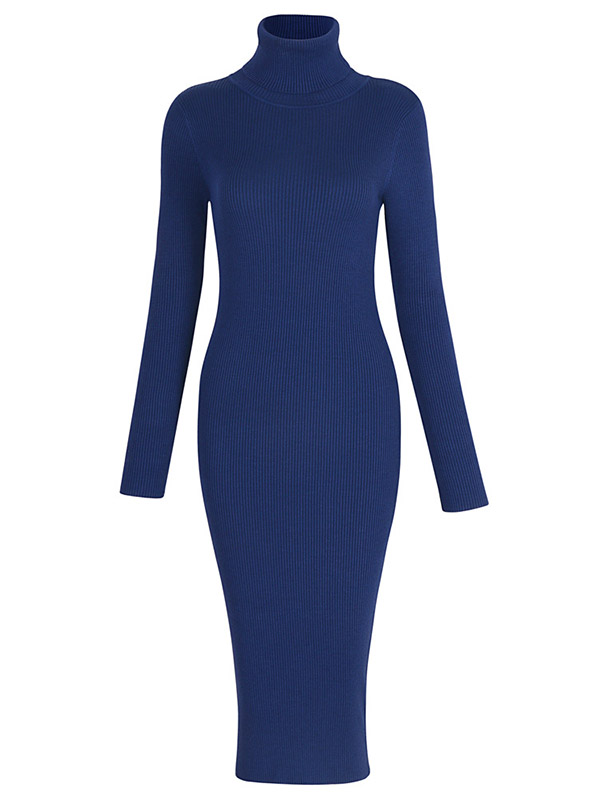 Navy Blue High Neck Bodycon Knitted Dress