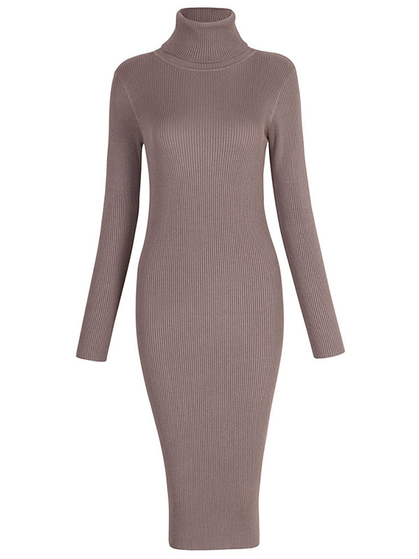 Khaki High Neck Bodycon Knitted Dress