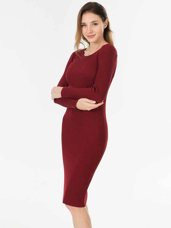 Burgundy Round Neck Bodycon Knitted Dress