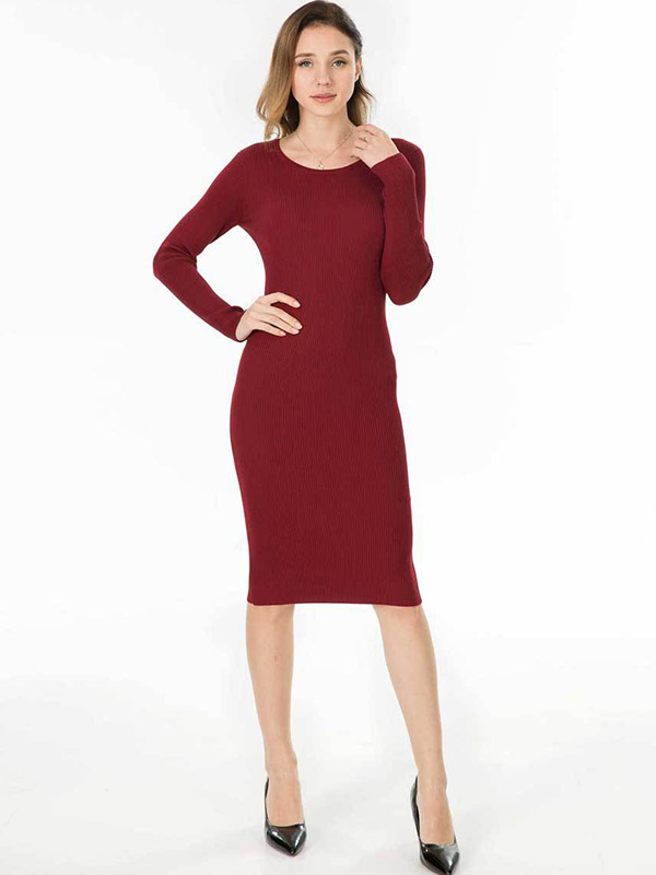 Burgundy Round Neck Bodycon Knitted Dress