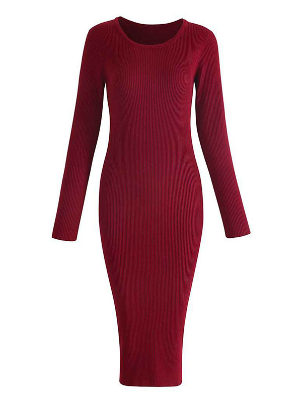 Burgundy Round Neck Bodycon Knitted Dress