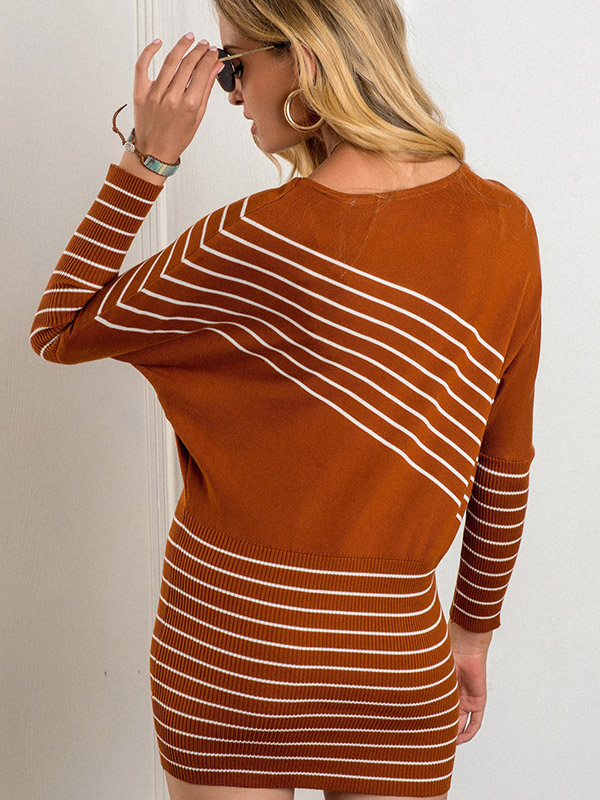 Brick Red Striped Knitted Mini Dress