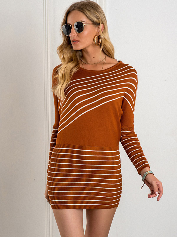 Brick Red Striped Knitted Mini Dress