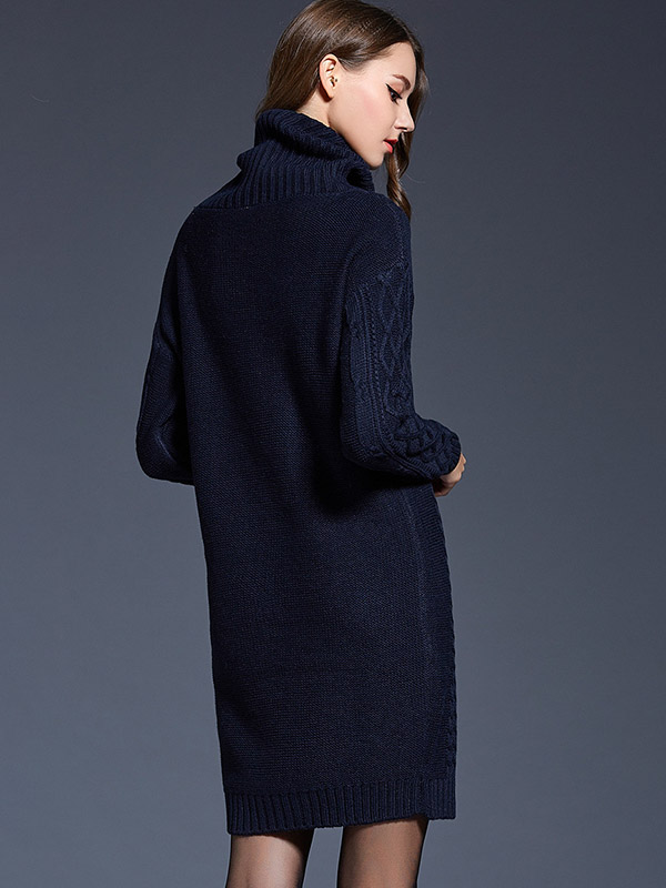 Navy Blue Roll Neck Solid Color Knit Dresses